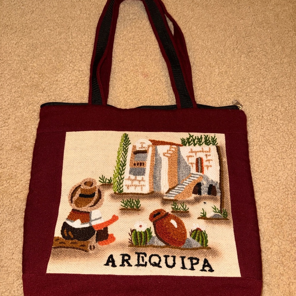 Burgundy vintage Tote Bag with Arequipa Design Peruvian